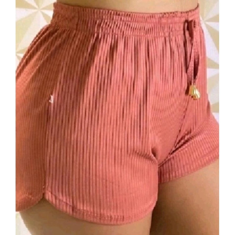 Women's Ribbed Knit Shorts With Elastic Adjustment At The Waist.