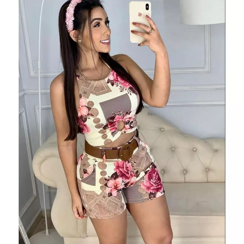 Conjunto Feminino Blusa Com Bojo e Short Com Cinto