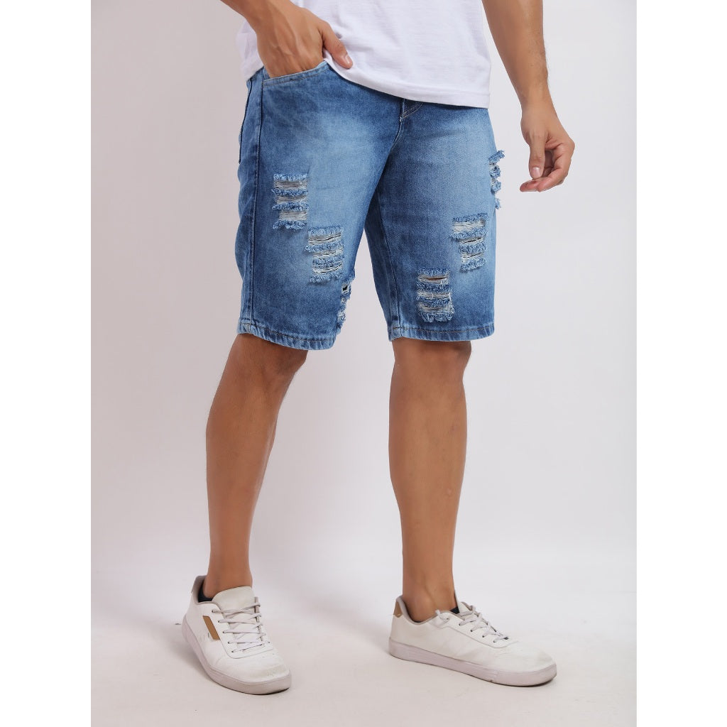 Bermuda Jeans Masculina Rasgado 100% Algodão