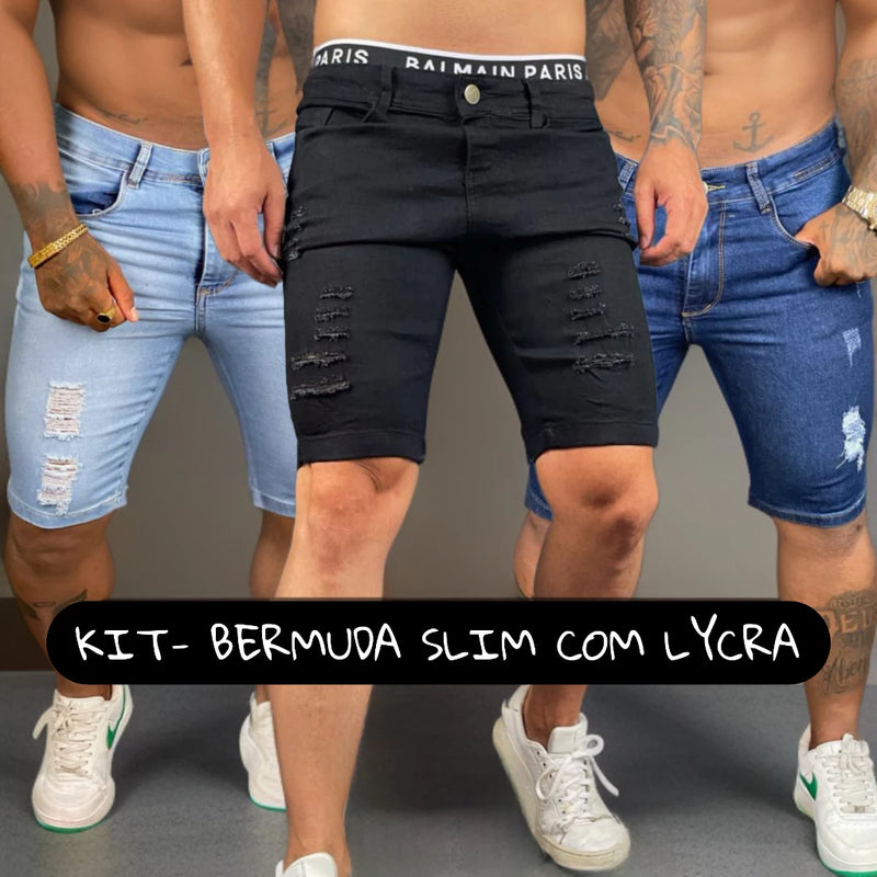 Kit 03 Bermudas Jeans Masculinas SLIN COM LYCRA Destroyed Alto PADRÃO