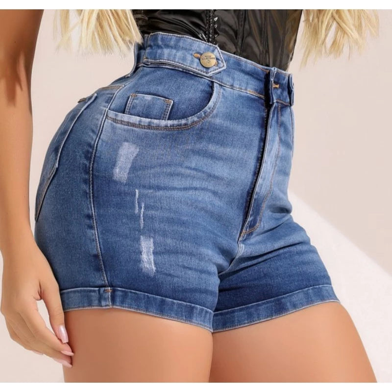 Short jeans feminino cós cintura alta versátil casual com LAYCRA Jeans Premium