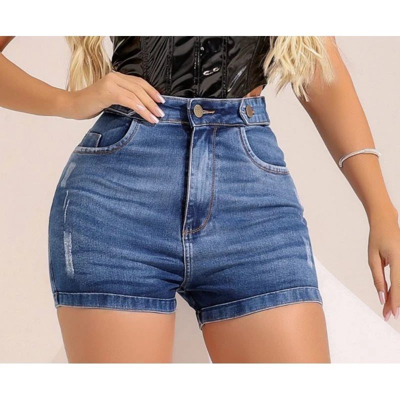 Short jeans feminino cós cintura alta versátil casual com LAYCRA Jeans Premium