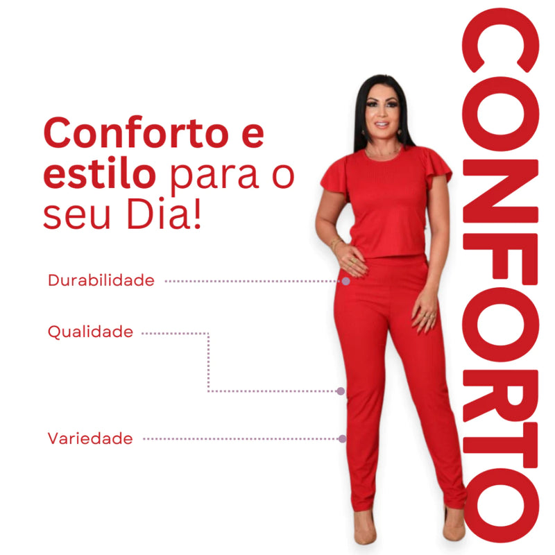 Conjunto Feminino Canelado Blusa Manga Babado + Calça Confortável Casual