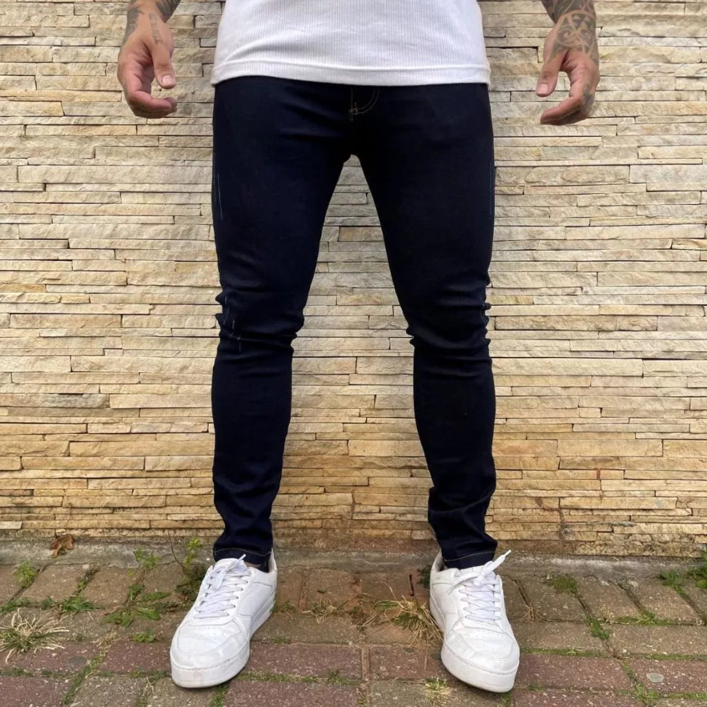 Calça Jeans Skinny Elastano Azul Escura Masculina Casual