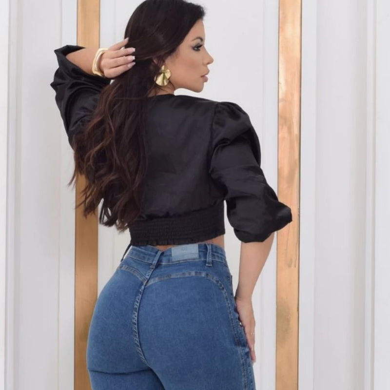 Calça Jeans Feminina Levanta Bumbum Cintura Alta Sem Bolso