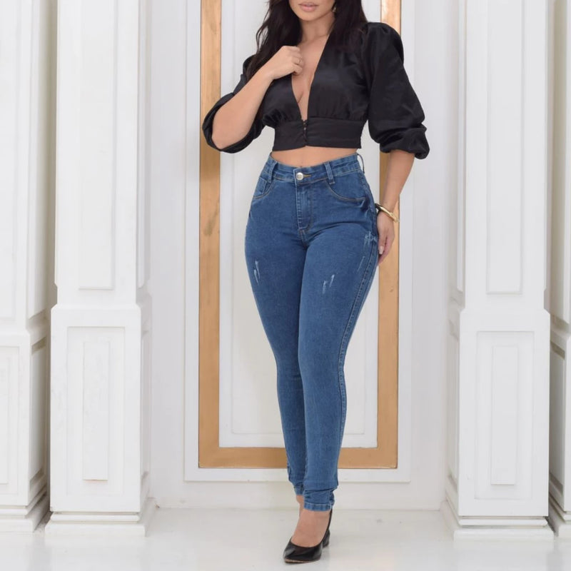 Calça Jeans Feminina Levanta Bumbum Cintura Alta Sem Bolso