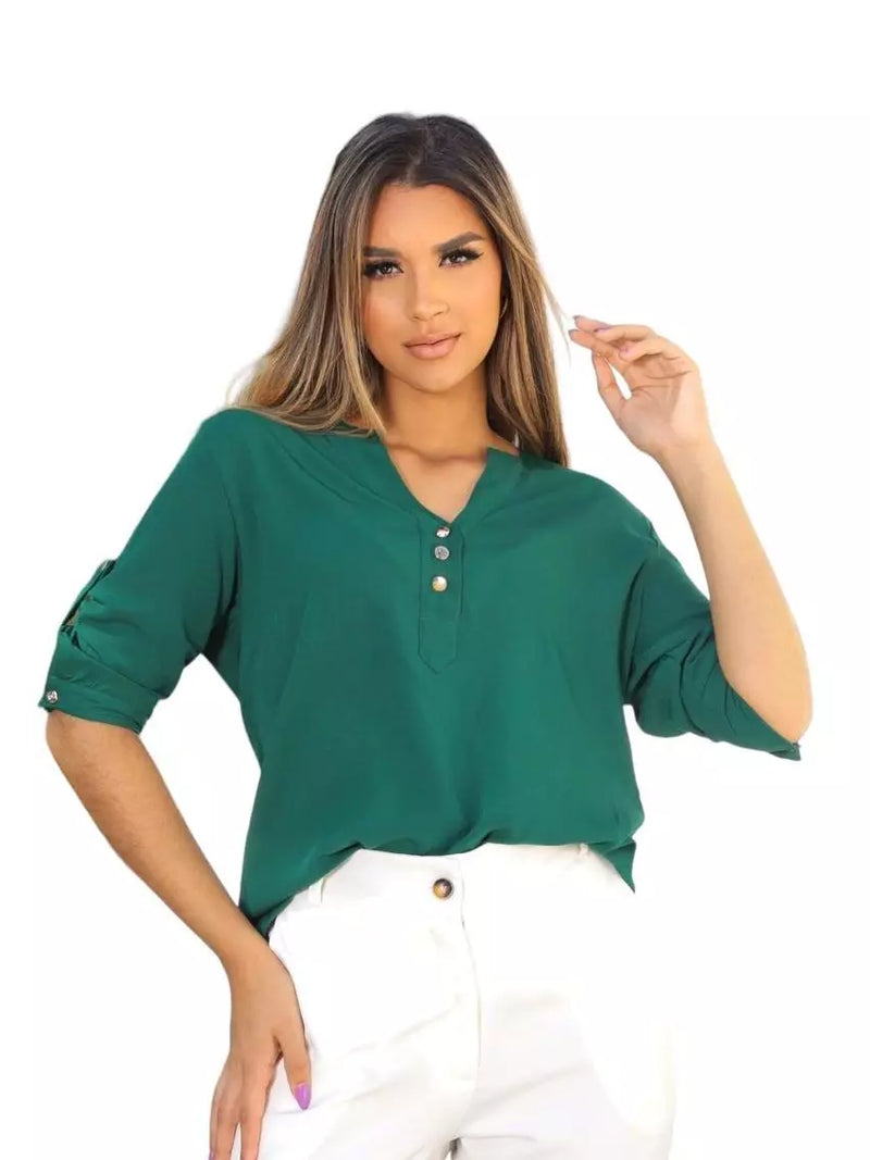 Camisa Social Feminina Manga 3/4 em Viscolinho Lisa