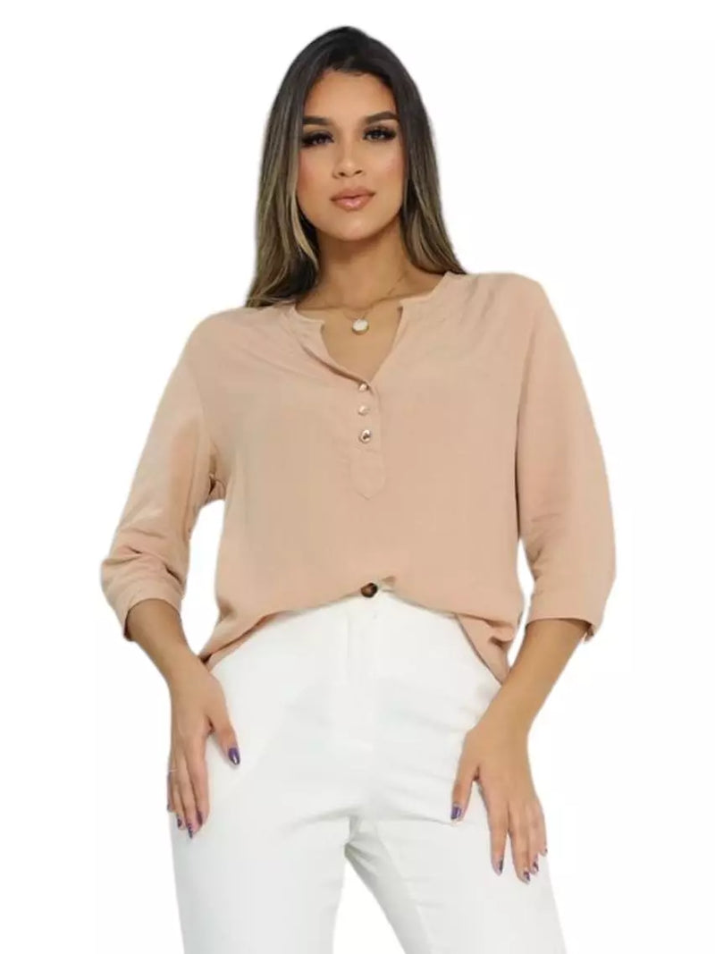 Camisa Social Feminina Manga 3/4 em Viscolinho Lisa