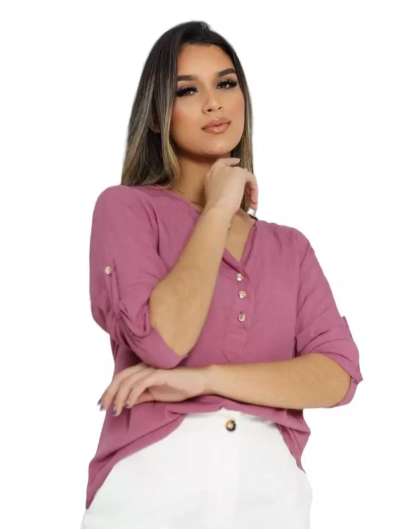 Camisa Social Feminina Manga 3/4 em Viscolinho Lisa