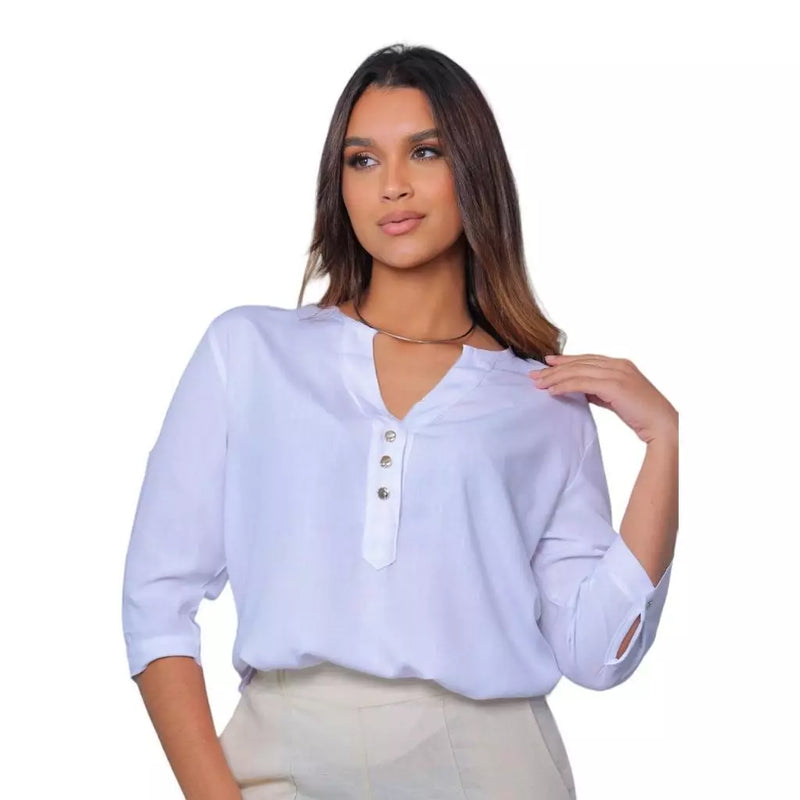 Camisa Social Feminina Manga 3/4 em Viscolinho Lisa