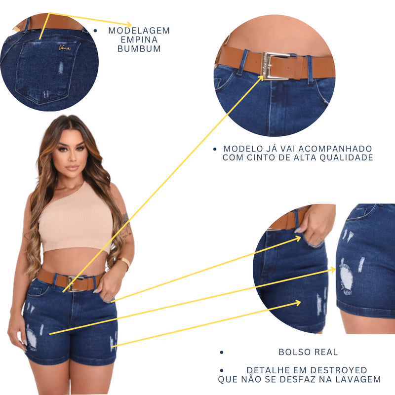 Short Jeans Feminino Premium: Elegância Confortável com Toque Moderno e Cinto Incluso