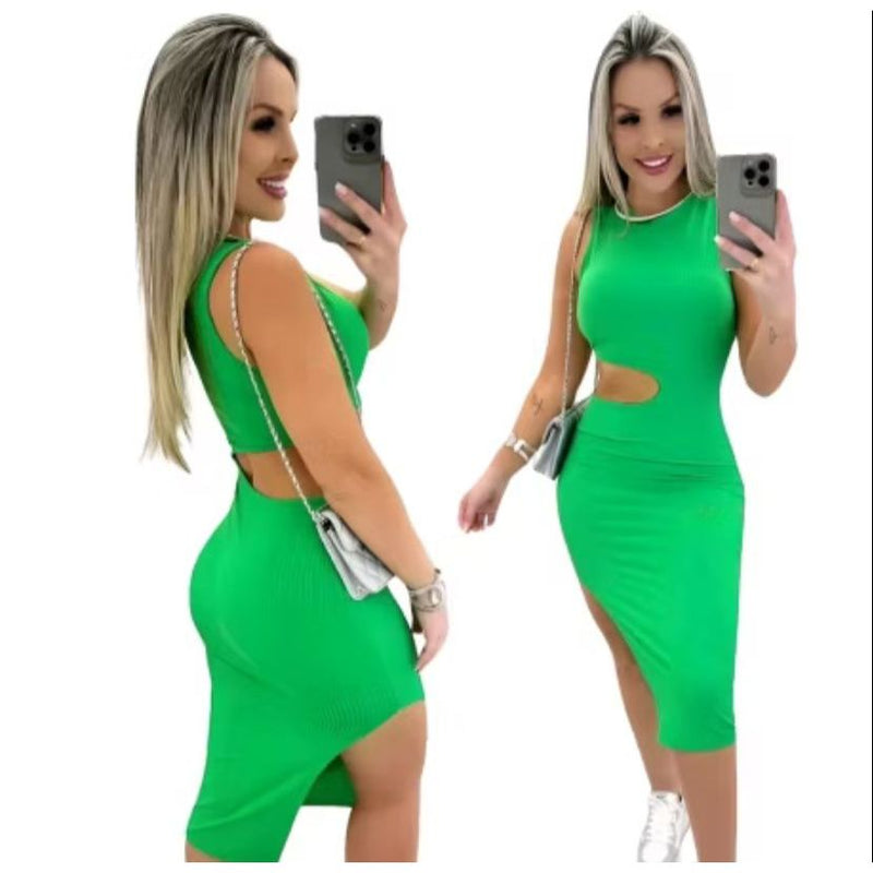 Vestido Feminino Decote na Lateral Fenda na Perna Tecido Canelado Modelador