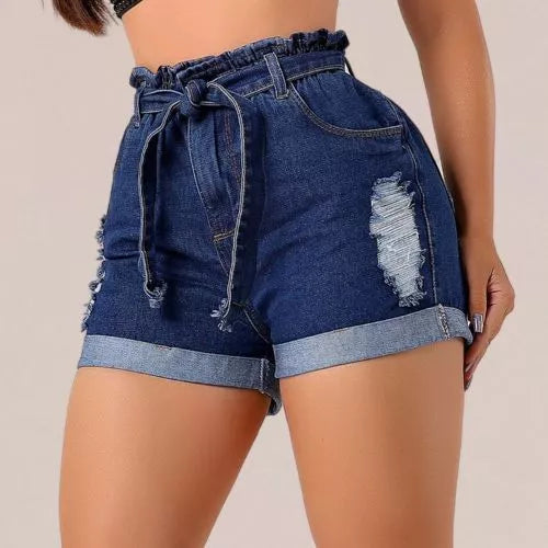 Kit 02 Short Jeans Feminino Com Cinto Elástico no Cos Cintura Alta Levanta Bumbum Short Clochard