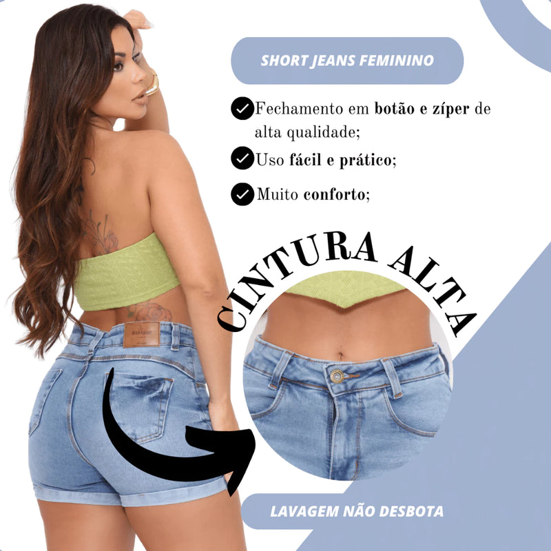 Short Jeans Feminino Cintura Alta Com Lycra Levanta Bumbum