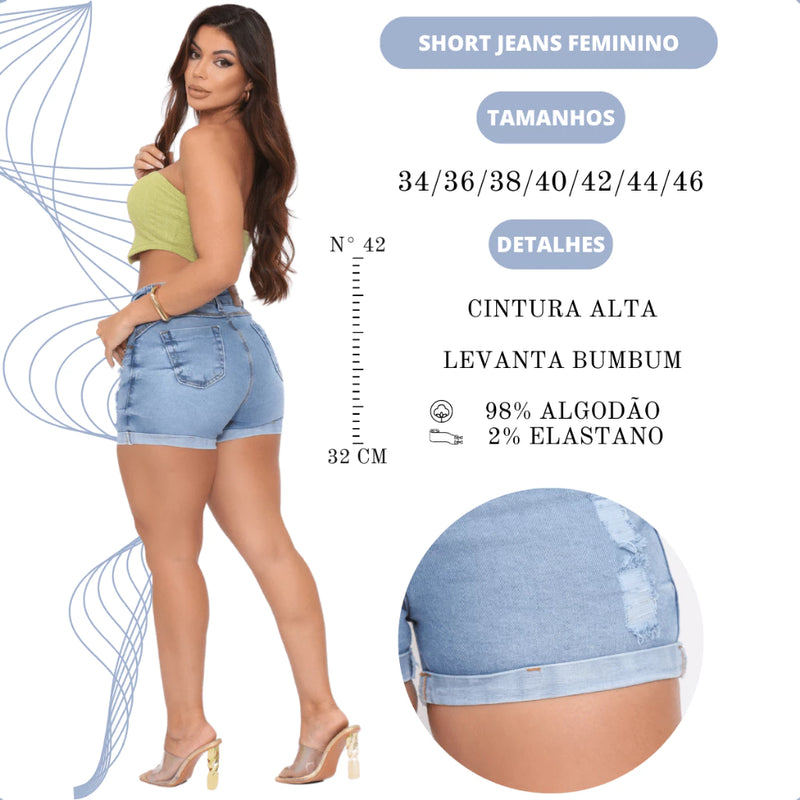 Short Jeans Feminino Cintura Alta Com Lycra Levanta Bumbum