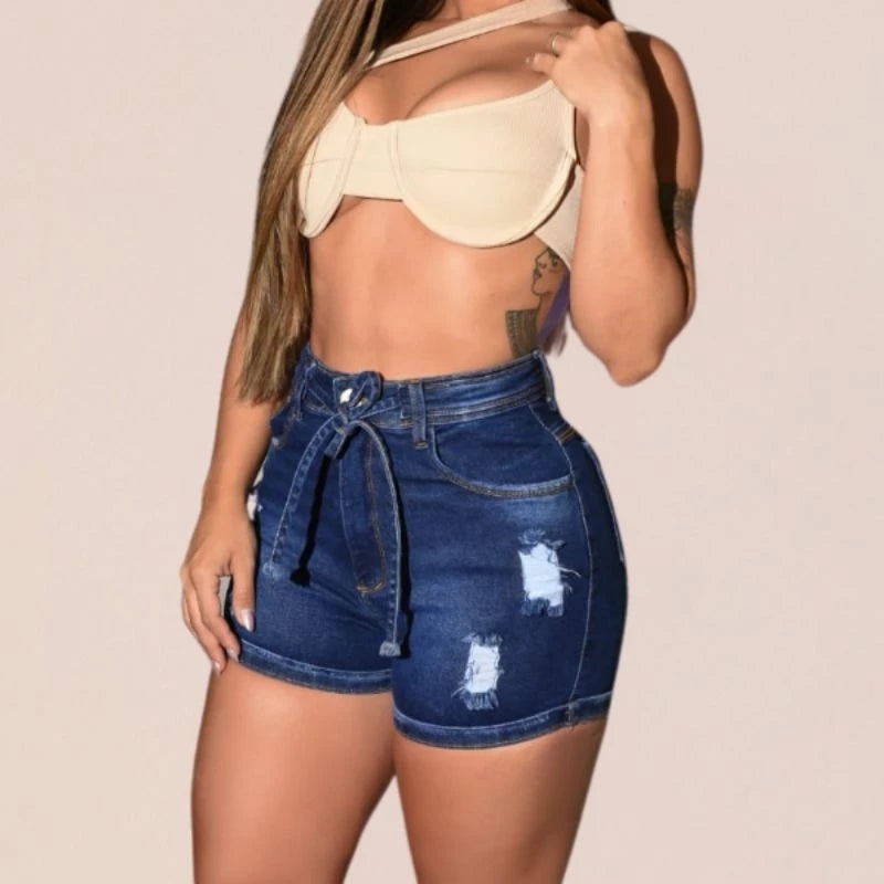 Short jeans feminino cós cintura alta versátil casual com LAYCRA Jeans Premium