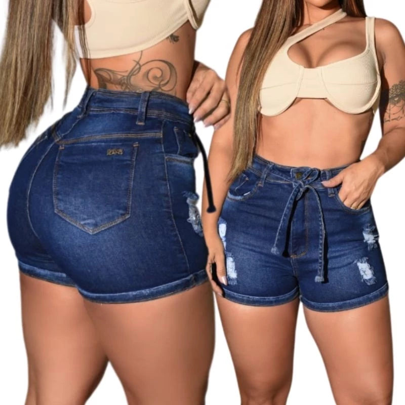 Short jeans feminino cós cintura alta versátil casual com LAYCRA Jeans Premium