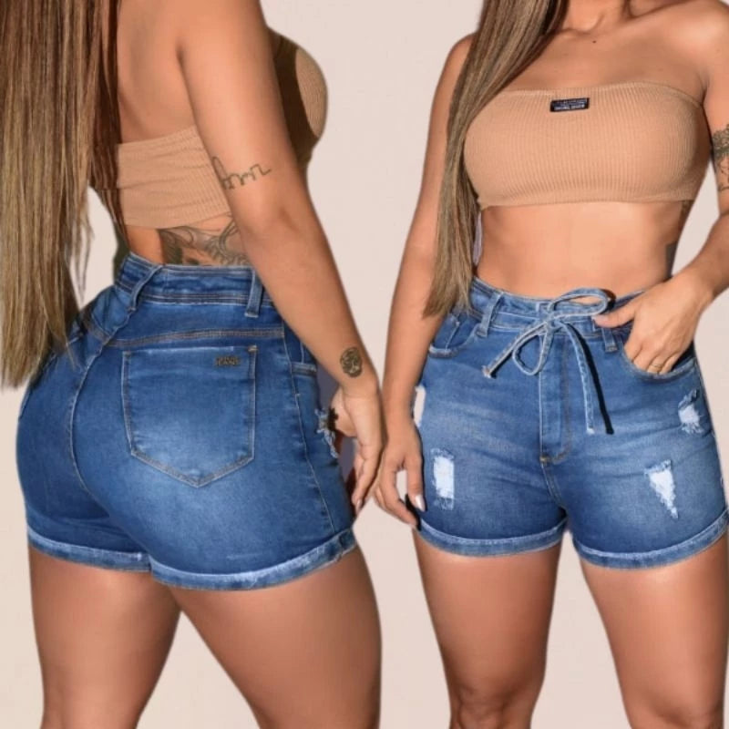 Short jeans feminino cós cintura alta versátil casual com LAYCRA Jeans Premium