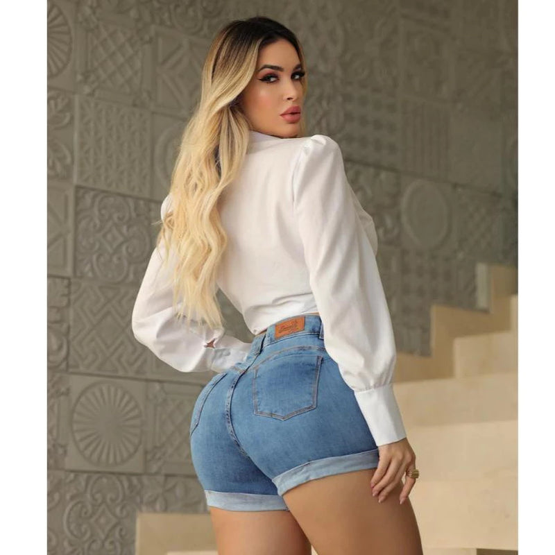 Short Jeans claro Feminino com elastano lycra levanta bumbum + cintura alta bermuda super luxo