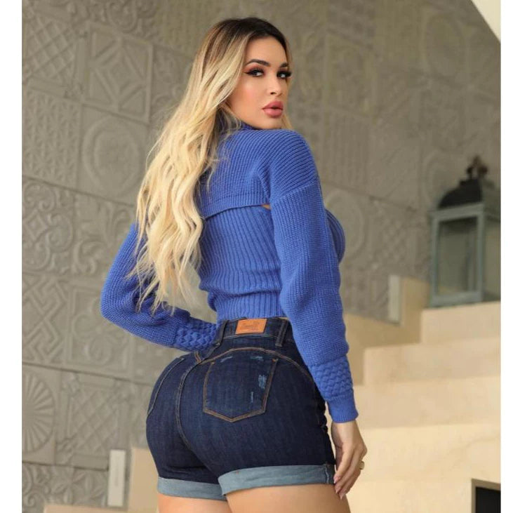 Short Jeans Feminino escuro com elastano lycra levanta bumbum + cintura alta bermuda Tecido Premium