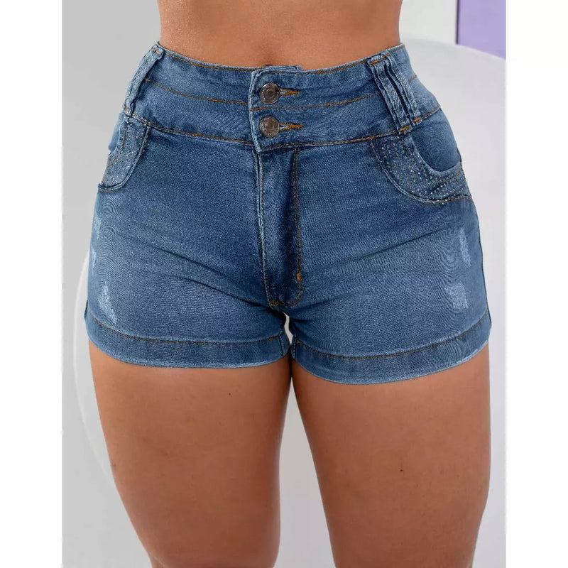 Short Jeans Feminino Com Lycra, Cintura Alta, Empina Bumbum, De Brilho No Bolso, Revesst Jeans.