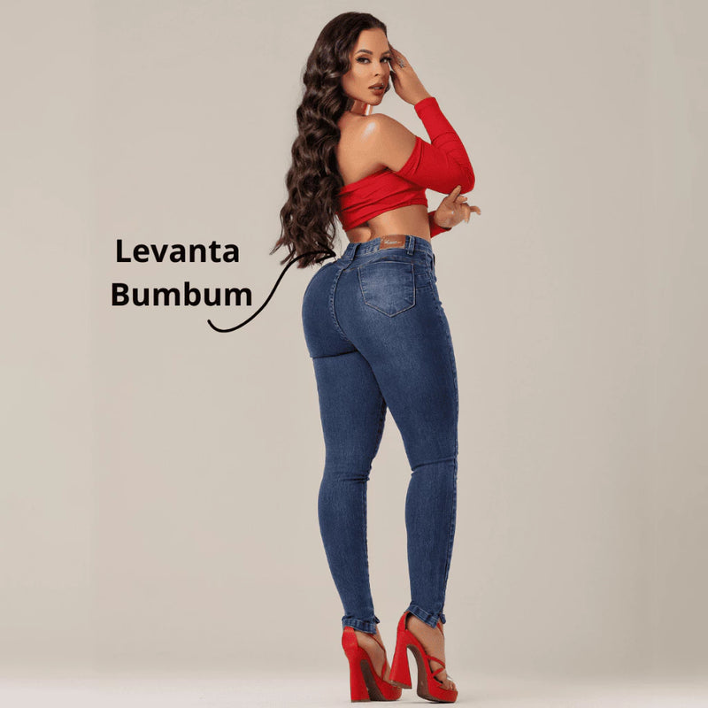 Calça Jeans Feminina Cintura Alta Com Detalhe na Barra com Lycra Power