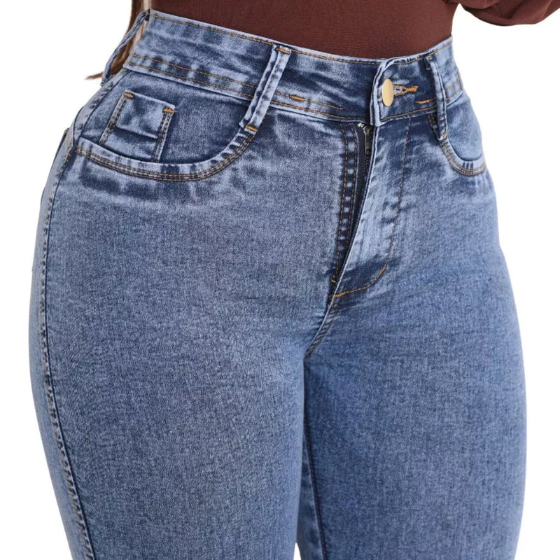 Calça Flare Cintura Alta Modeladora Jeans Feminina Cos Alto Empina Bumbum Feminino Modelador Elegância e Conforto