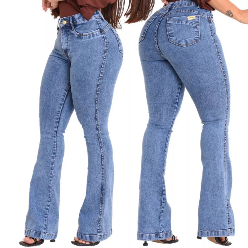 Calça Flare Cintura Alta Modeladora Jeans Feminina Cos Alto Empina Bumbum Feminino Modelador Elegância e Conforto