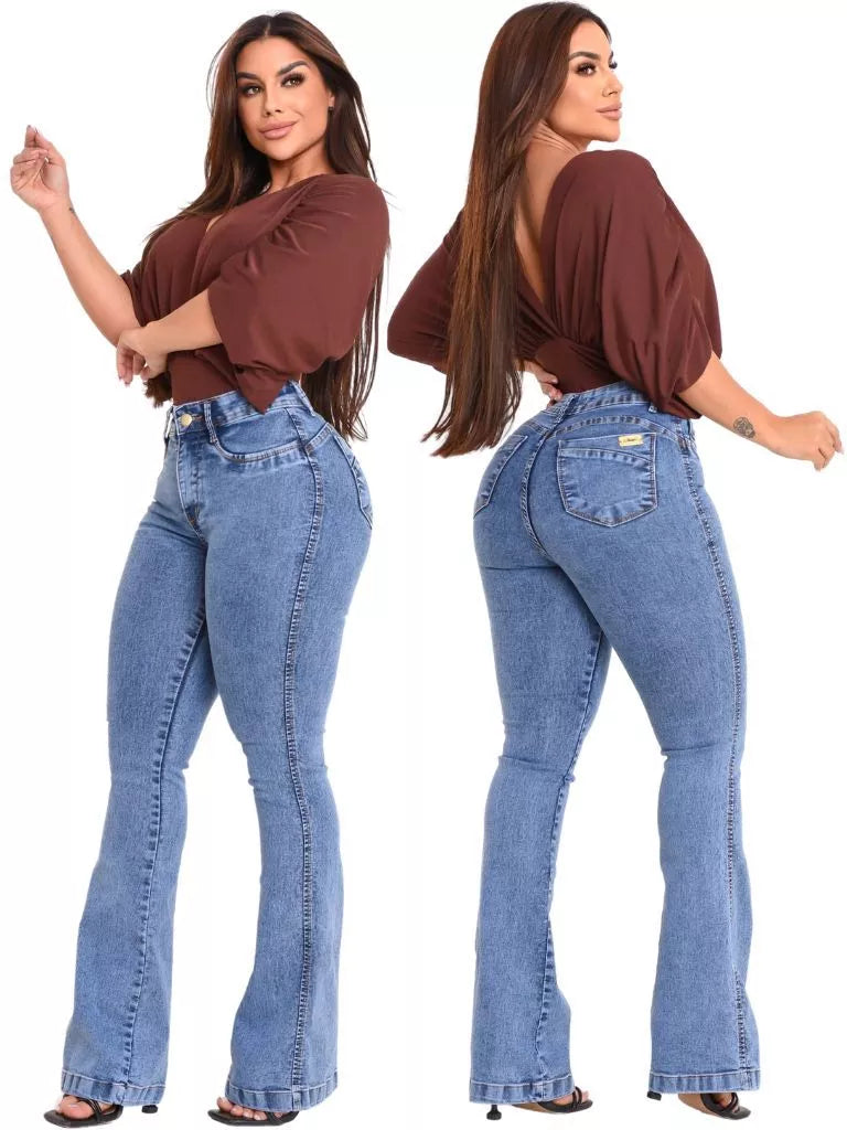 Calça Flare Cintura Alta Modeladora Jeans Feminina Cos Alto Empina Bumbum Feminino Modelador Elegância e Conforto