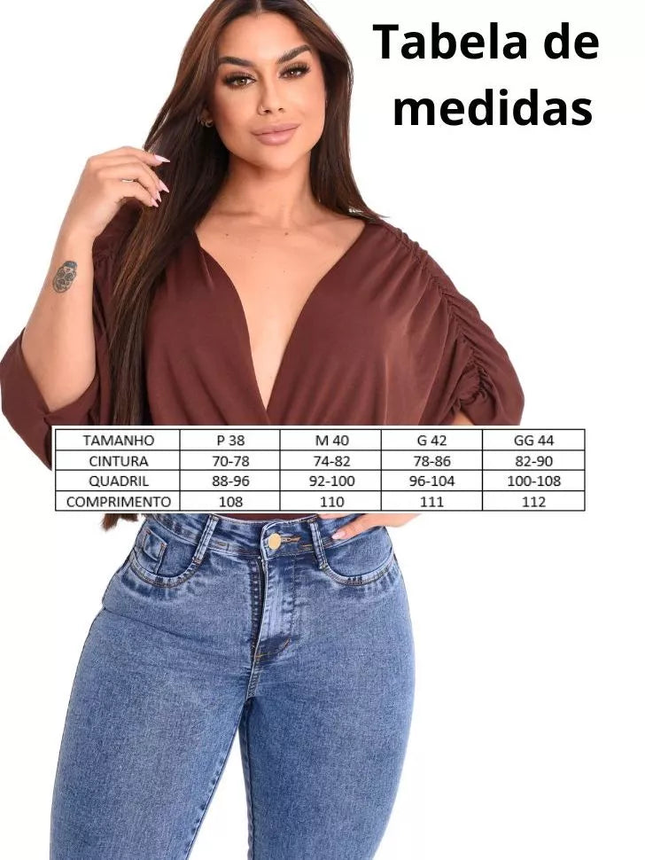 Calça Flare Cintura Alta Modeladora Jeans Feminina Cos Alto Empina Bumbum Feminino Modelador Elegância e Conforto