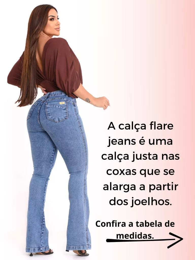 Calça Flare Cintura Alta Modeladora Jeans Feminina Cos Alto Empina Bumbum Feminino Modelador Elegância e Conforto