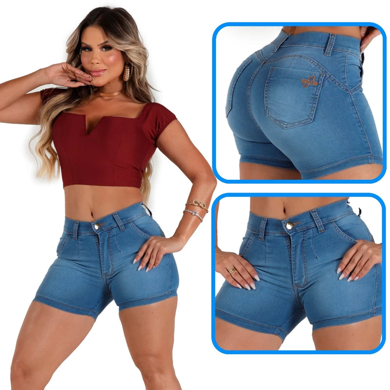 Shorts Jeans Feminino Cintura Alta Com Lycra Elastano Empina Bumbum Promocao Verao Tendencia