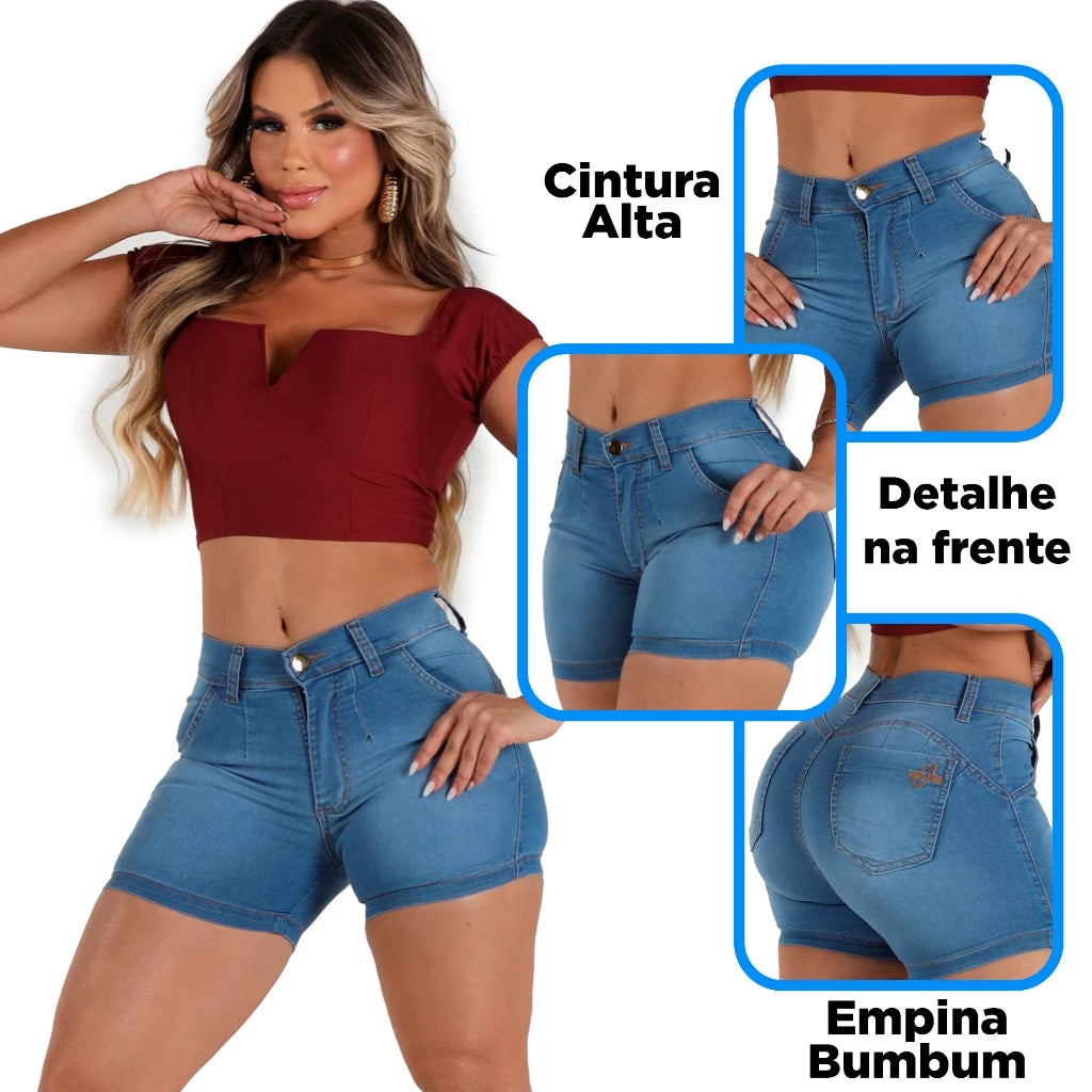 Shorts Jeans Feminino Cintura Alta Com Lycra Elastano Empina Bumbum Promocao Verao Tendencia