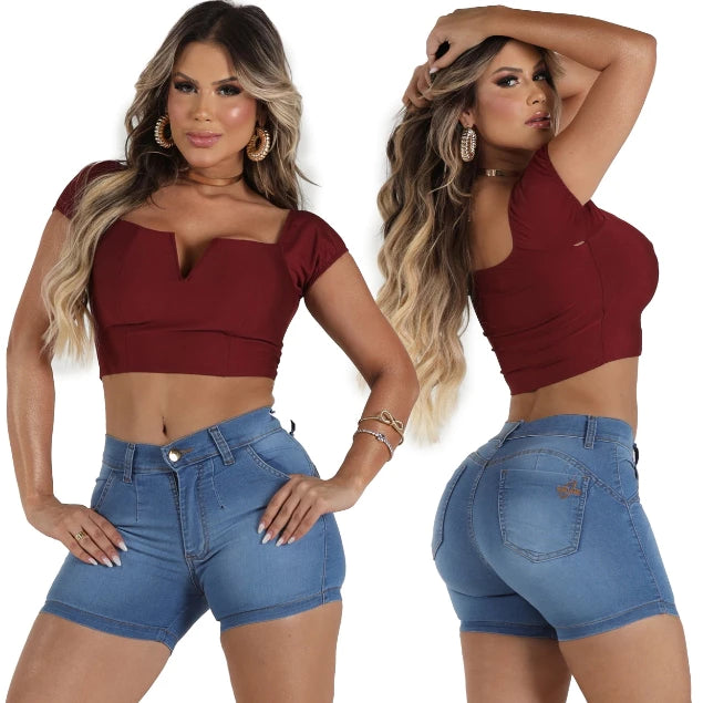 Shorts Jeans Feminino Cintura Alta Com Lycra Elastano Empina Bumbum Promocao Verao Tendencia