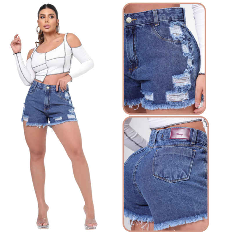 Short Jeans Feminino Cintura Alta 100% Algodão Levanta Bumbum