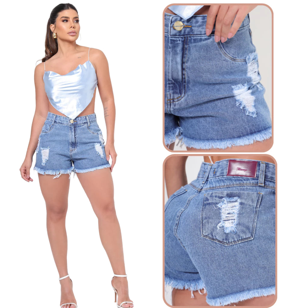 Short Jeans Feminino Cintura Alta 100% Algodão Levanta Bumbum