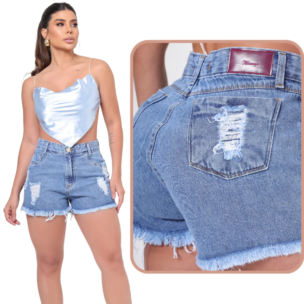 Short Jeans Feminino Cintura Alta 100% Algodão Levanta Bumbum