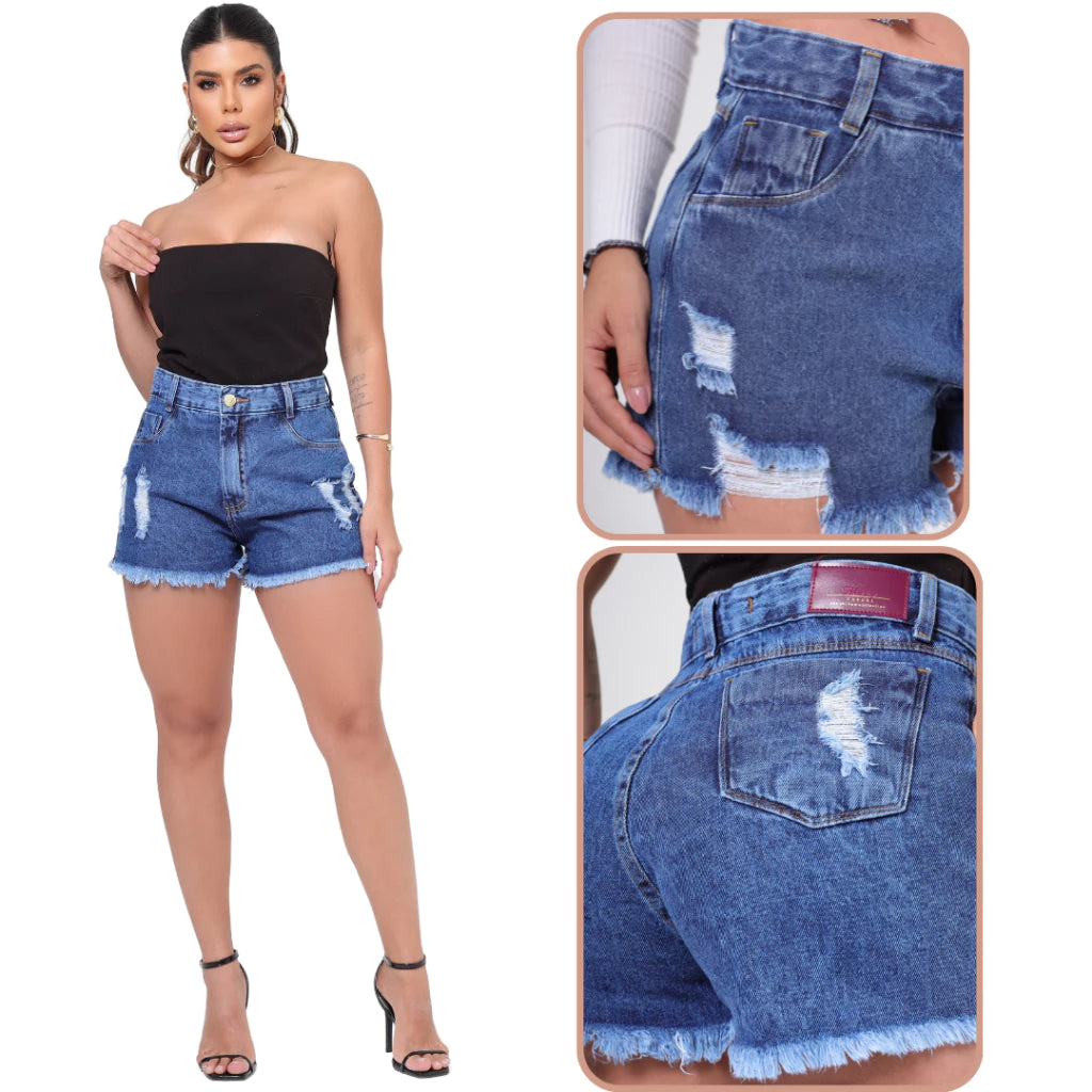 Short Jeans Feminino Cintura Alta 100% Algodão Levanta Bumbum