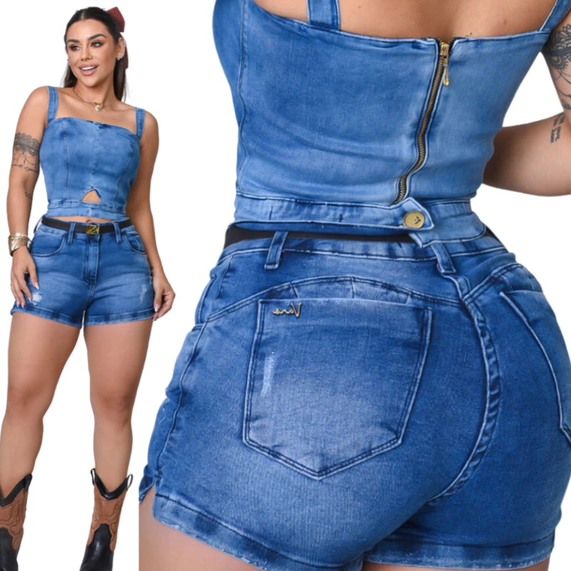 Short Jeans Feminino Blogueirinha Cintura Alta Empina Bumbum com Elastano Lycra Azul Claro