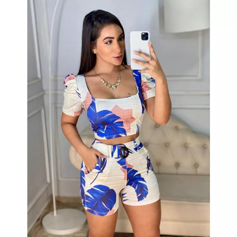 Conjunto Feminino Blusa Com Bojo e Short Com Cinto