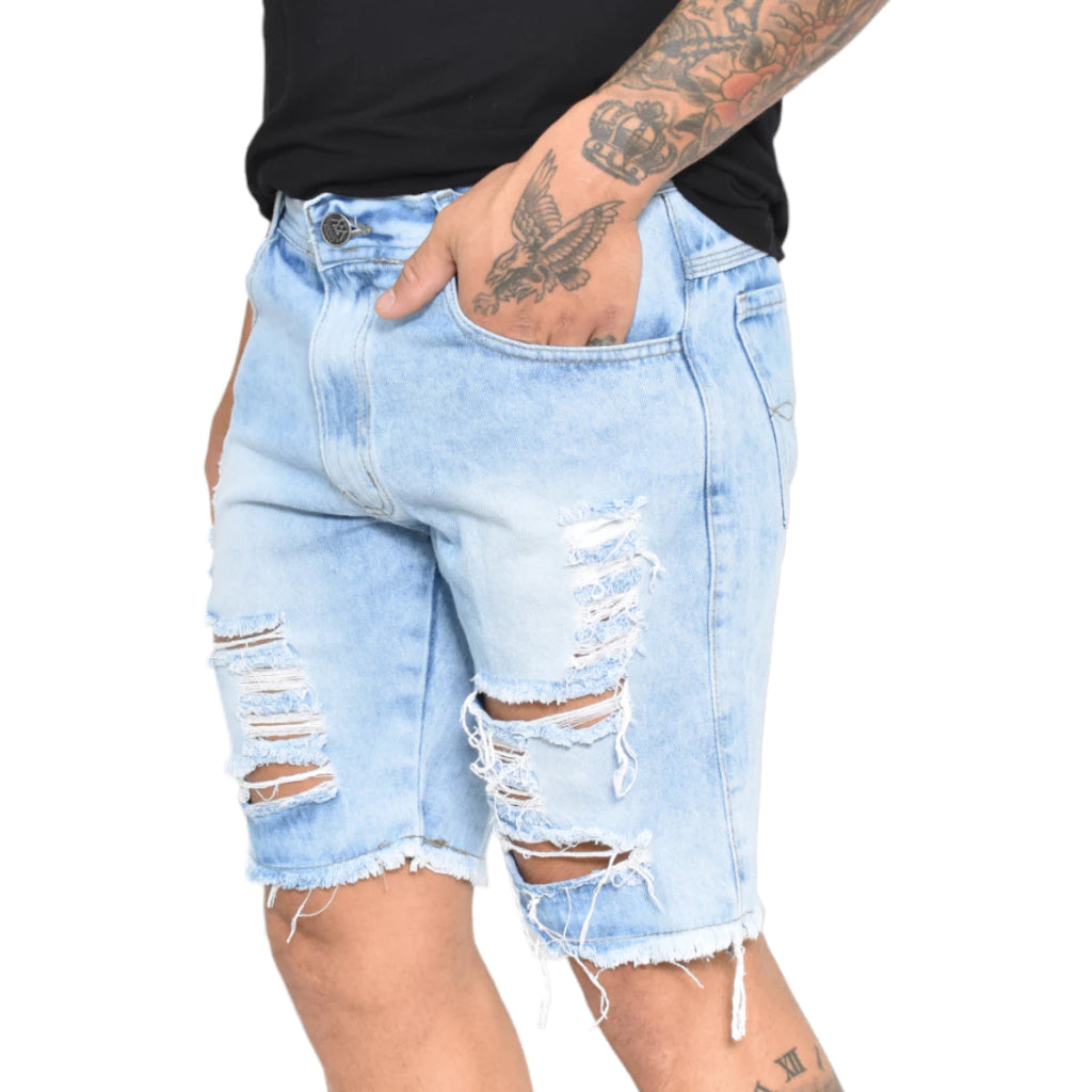 Bermuda Jeans Destroyed Rasgada Masculina Verão