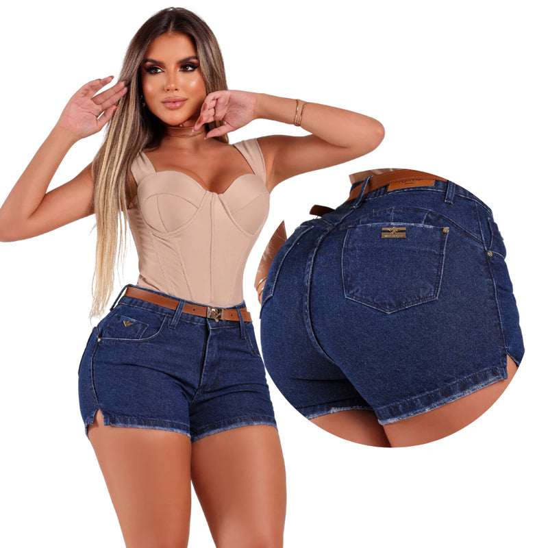 Short Jeans Feminino Blogueirinha Cintura Alta Empina Bumbum com Elastano Lycra Azul Claro