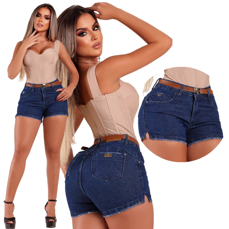 Short Jeans Feminino Blogueirinha Cintura Alta Empina Bumbum com Elastano Lycra Azul Claro