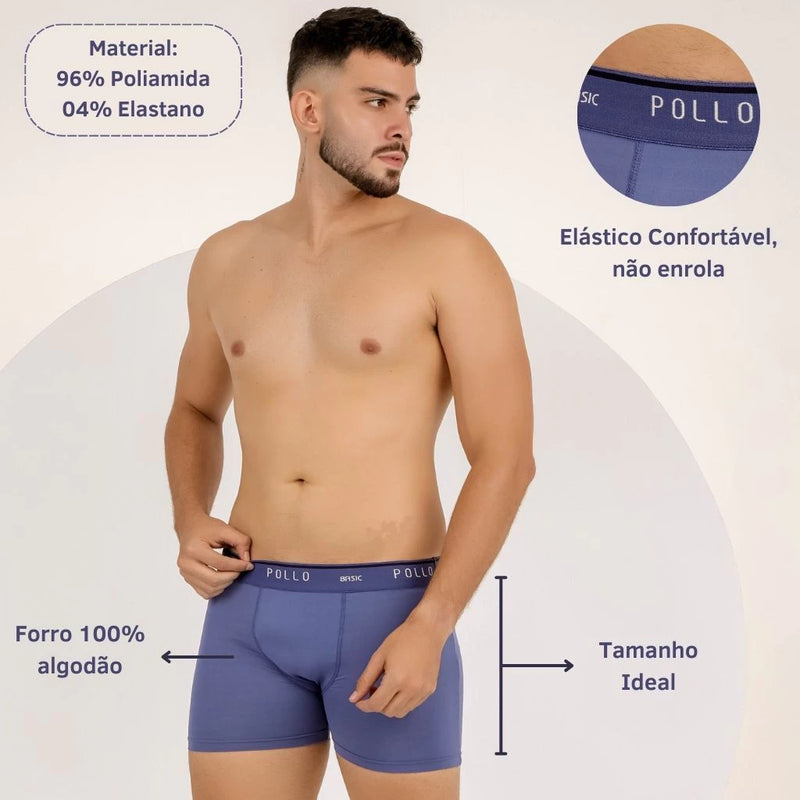 Kit Com 6 Cueca Boxer Pollo de Poliamida Lisa - Conforto e Qualidade