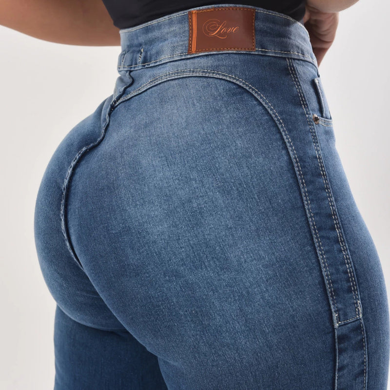 Calça Jeans Feminina Levanta Bumbum Com Lycra Cintura Alta