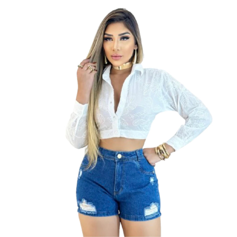 Short Jeans Feminino 100% algodão Curto Cintura Alta Detonado