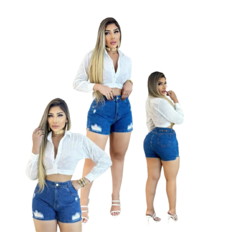 Short Jeans Feminino 100% algodão Curto Cintura Alta Detonado