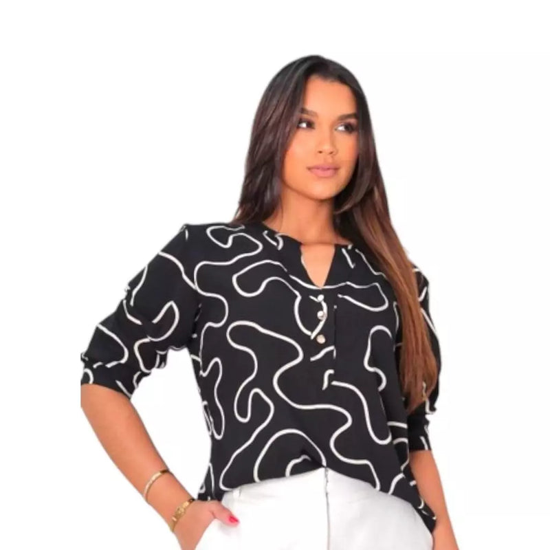 Camisa Social Feminina Manga 3/4 Estampada