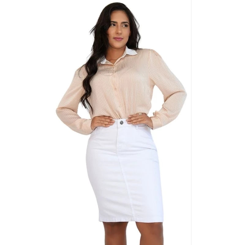 Saia Jeans Secretária Midi com Elastano – Elegância e Conforto para o Seu Estilo