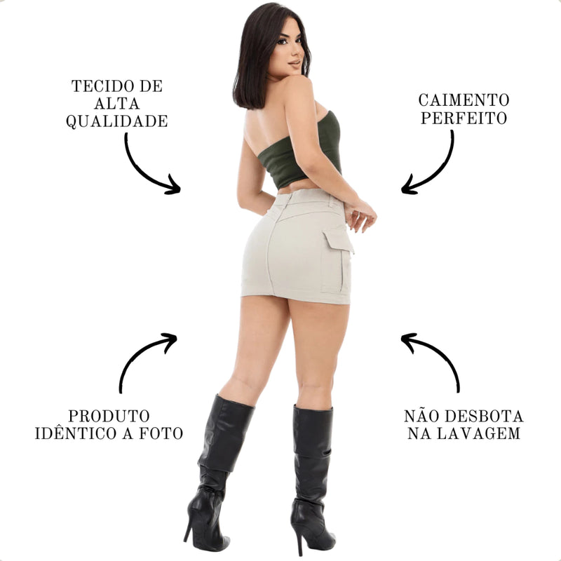 Saia Cargo Feminina Bege Cintura Alta Levanta Bumbum Com Like